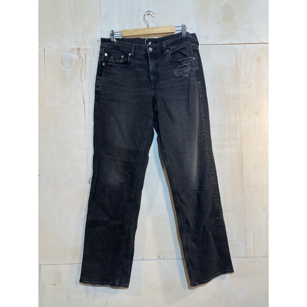 American Eagle Womens Stretch Distressed Black Girlfriend Jeans Sz 12 Long/ Tall